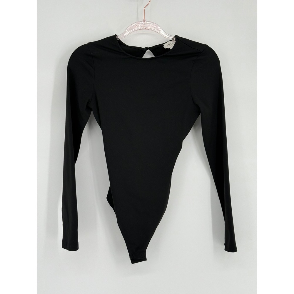 Le Lis Womens Black Long Sleeve Open Lace Up Back Bodysuit Sz S